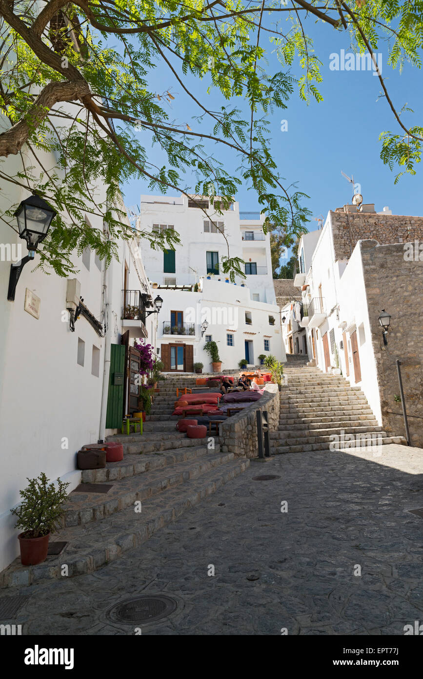 IBIZA, SPAIN - MAY 15, 2015: Ibiza Old Town. A picturesque street of the old town of Ibiza With its whitewashed houses and stree Stock Photo