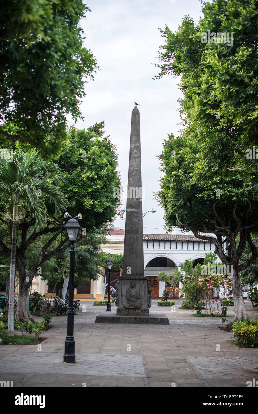 WASHINGTON DC, USA - A stone obelisk monument to Nicaraguan poet Rubén Darío (Félix Rubén García Sarmiento) that was installed in 1966 on the 50th anniversary of his death. Parque Central is the main square and the historic heart of Granada, Nicaragua. Stock Photo