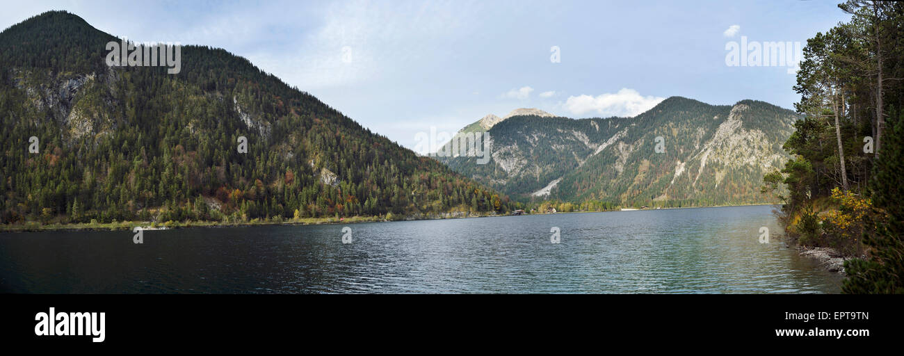 Scenic view of mountains and a clear lake (Plansee) in autumn, Tirol, Austria Stock Photo