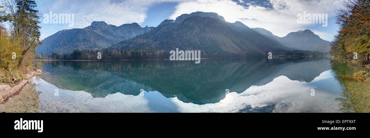 Landscape of Mountains Reflected in Lake in Autumn, Langbathsee, Austria Stock Photo
