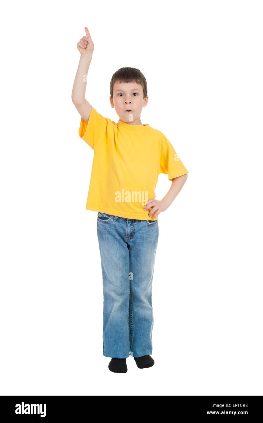 boy in yellow shirt show finger Stock Photo