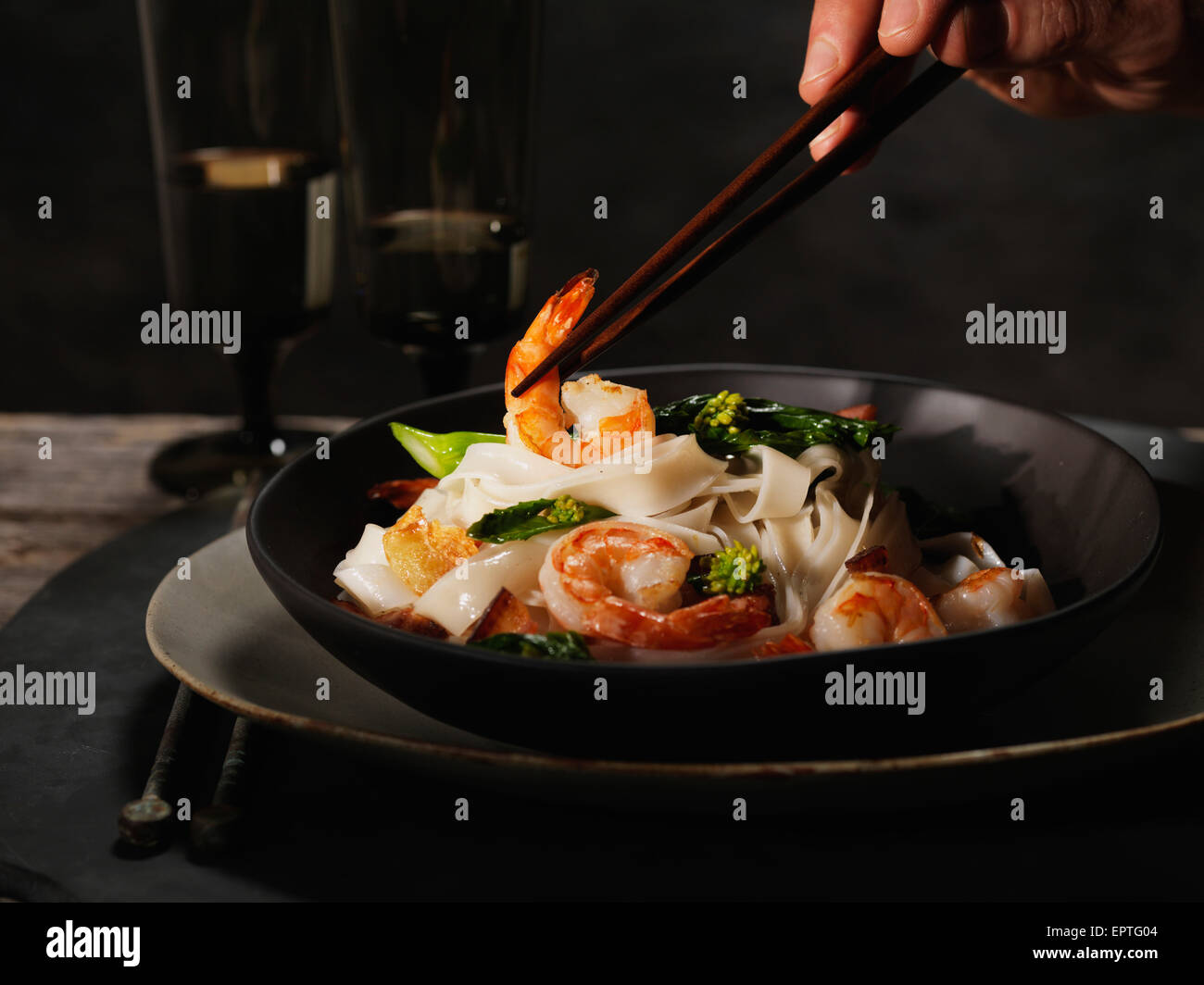 Shrimp Noodle Pasta with Asparagus and Bacon Stock Photo