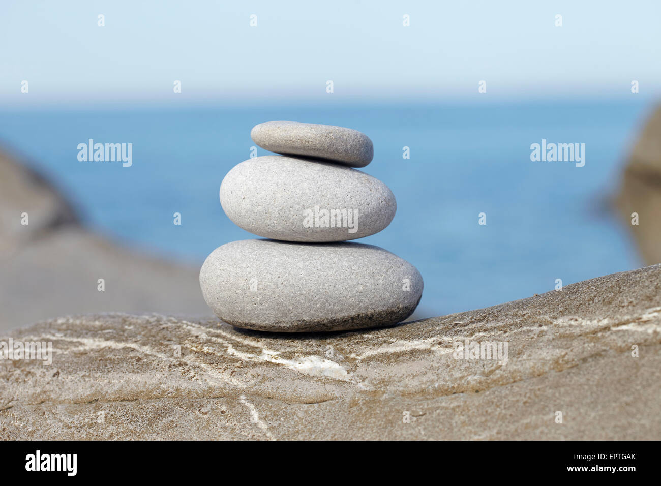 Stacked Balanced Stones, Biarritz, France Stock Photo