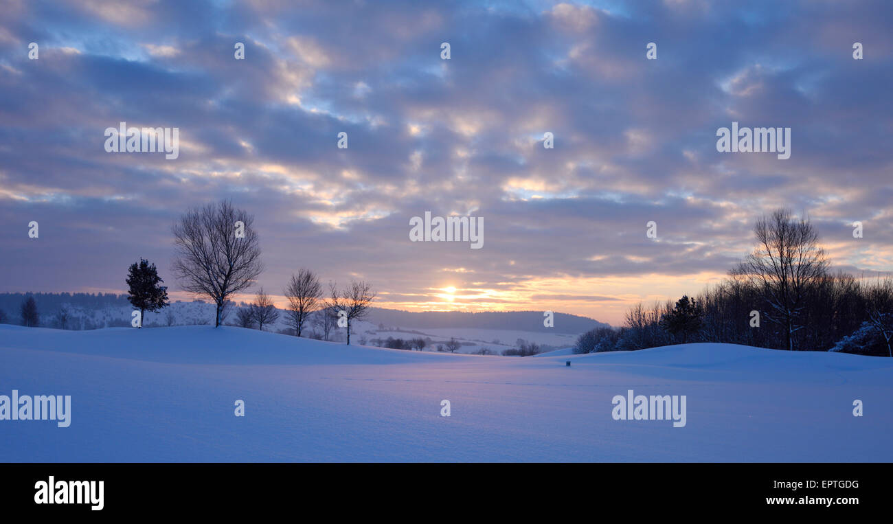 Panoramic Landscape of Sunrise on Early Morning in Winter, Upper Palatinate, Bavaria, Germany Stock Photo