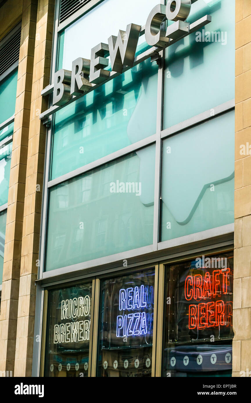 Neon sign of bar restaurant boar lane leeds hires stock photography