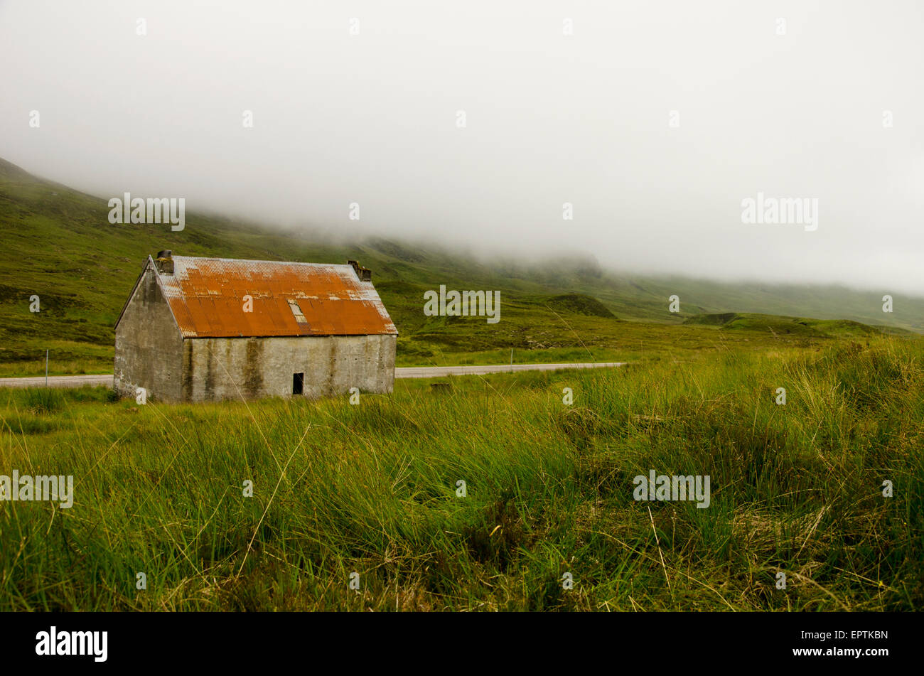 Fog settling in on an abandoned Crofters house, Scotland. Stock Photo