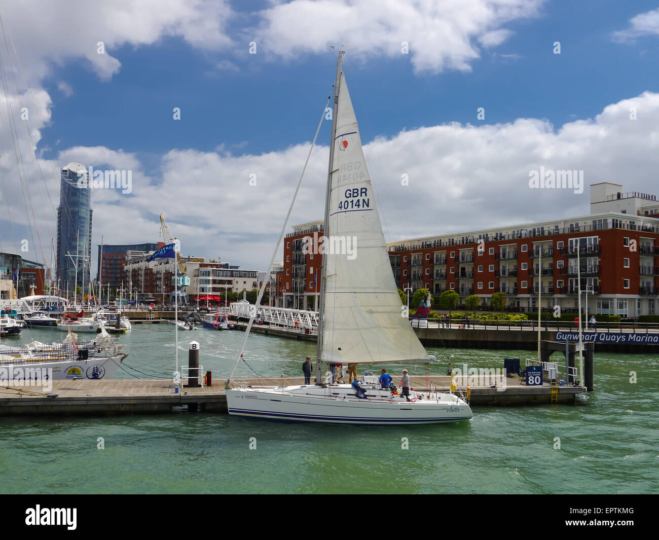 A yacht berthed at Gunwharf Quays, Portsmouth, England Stock Photo