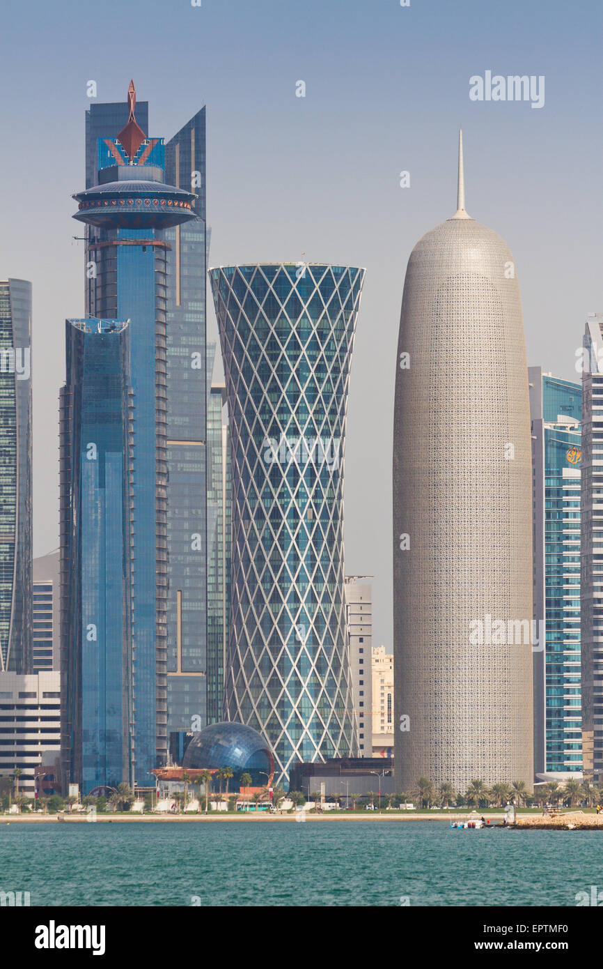 Doha skyscrapers - World Trade Centre, Tornado Tower & Burj Qatar (left to right) Stock Photo