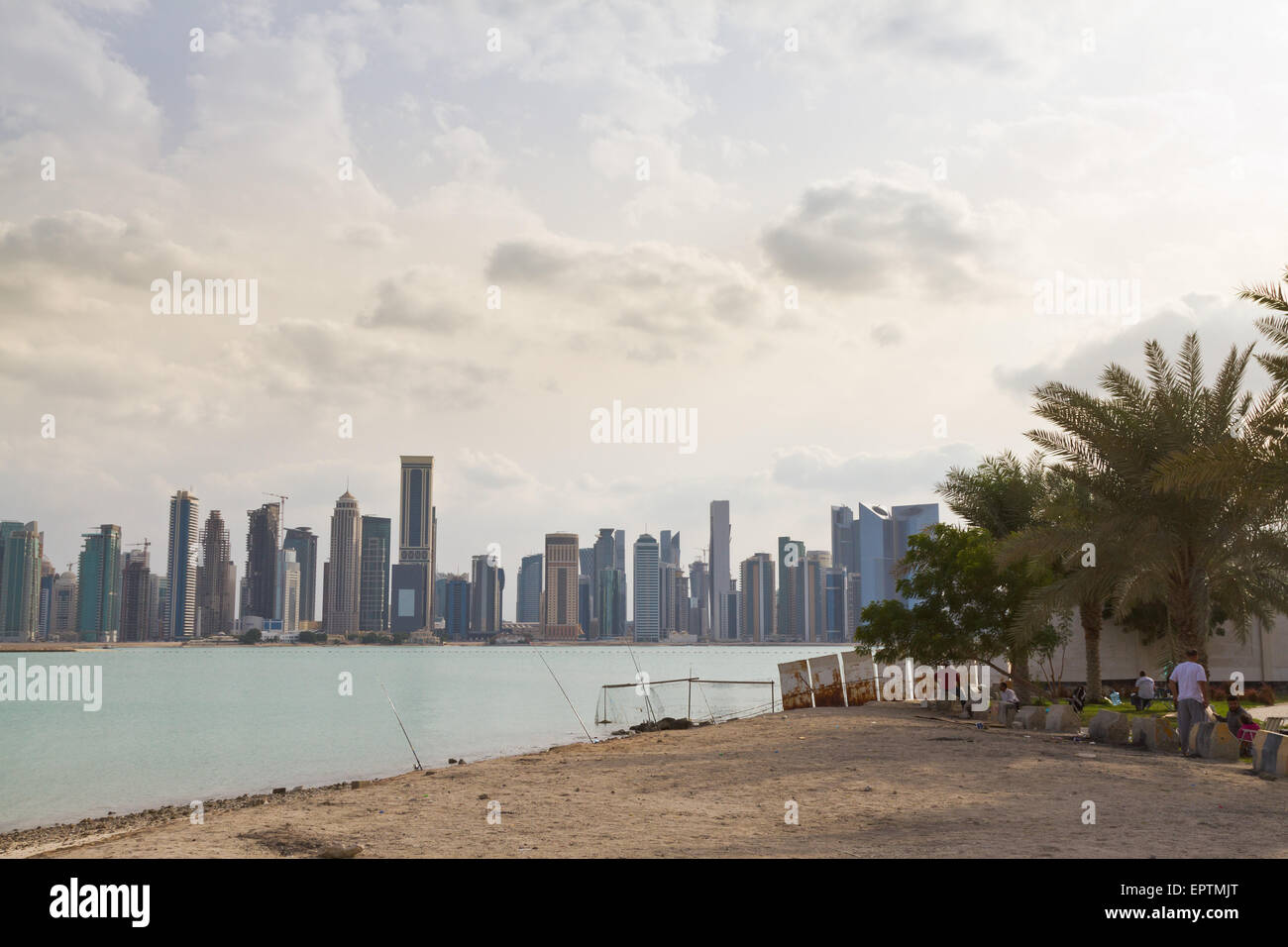 Doha Diplomatic Area skyscrapers seen from Westbay Beach Stock Photo