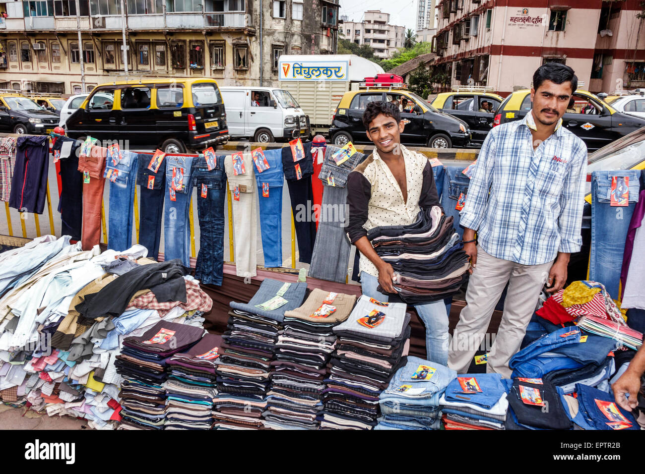 Mumbai India,Mahalaxmi,Mahalakshmi Nagar,K K Road,sidewalkstall,stalls,booth,booths,vendor,vendors,merchant,market,marketplace,man men male,clothing,p Stock Photo