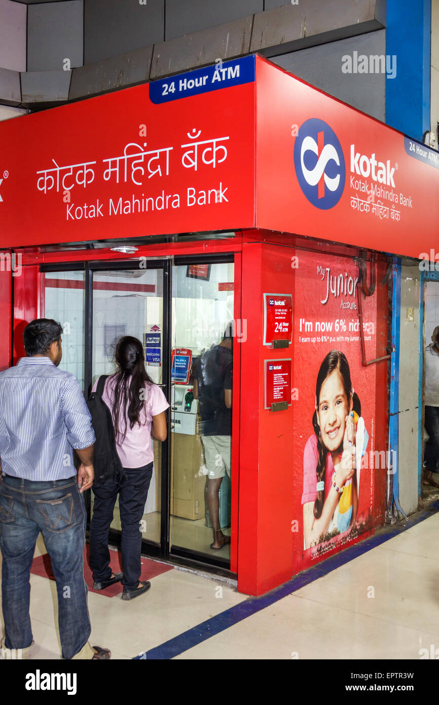 Mumbai India,Churchgate Railway Station,Western Line,train,24 hour ATM,Kotak Mahindra Bank,English Hindi,India150228123 Stock Photo