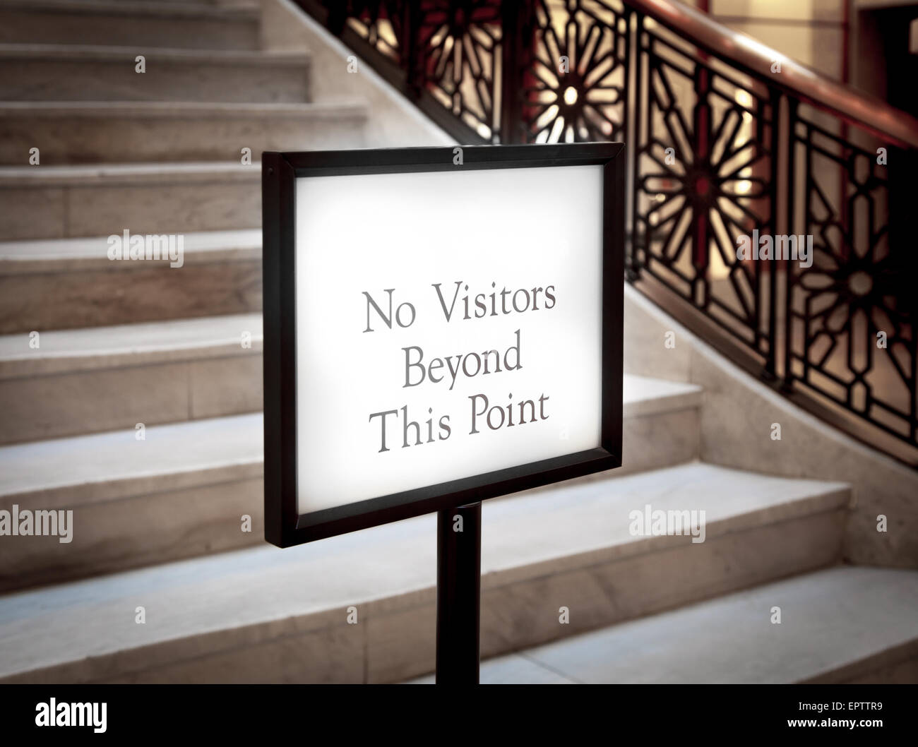 Close-up of a signboard with the message 'No Visitors Beyond This Point', Chicago, Cook County, Illinois, USA Stock Photo