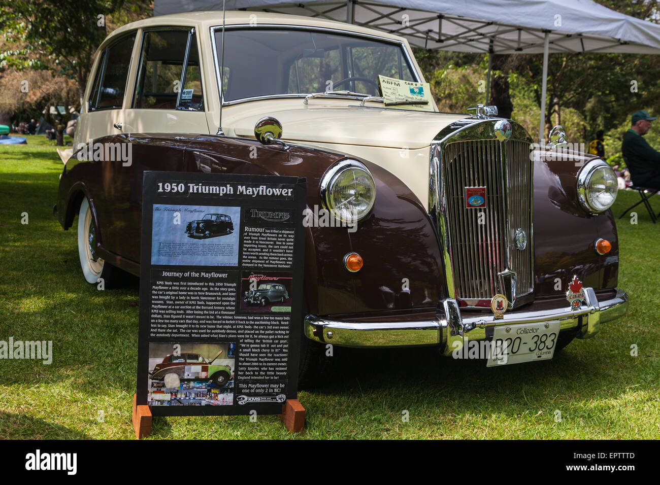 Front view of a Triumph Mayflower car on show at a meet in Vancouver