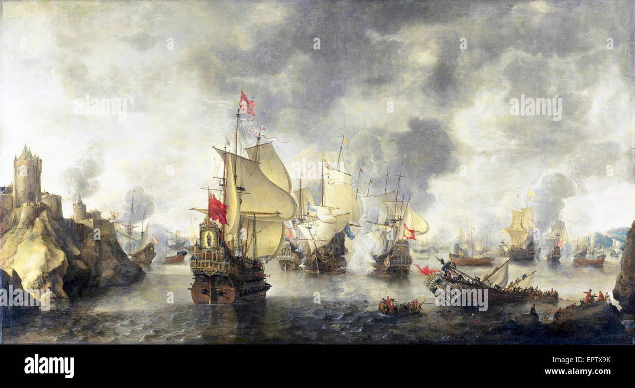 Attack of the United Venetian and Dutch Fleets Against the Turks in the Bay of Foja in 1649 - by  Abraham Beerstraten, 1656 Stock Photo