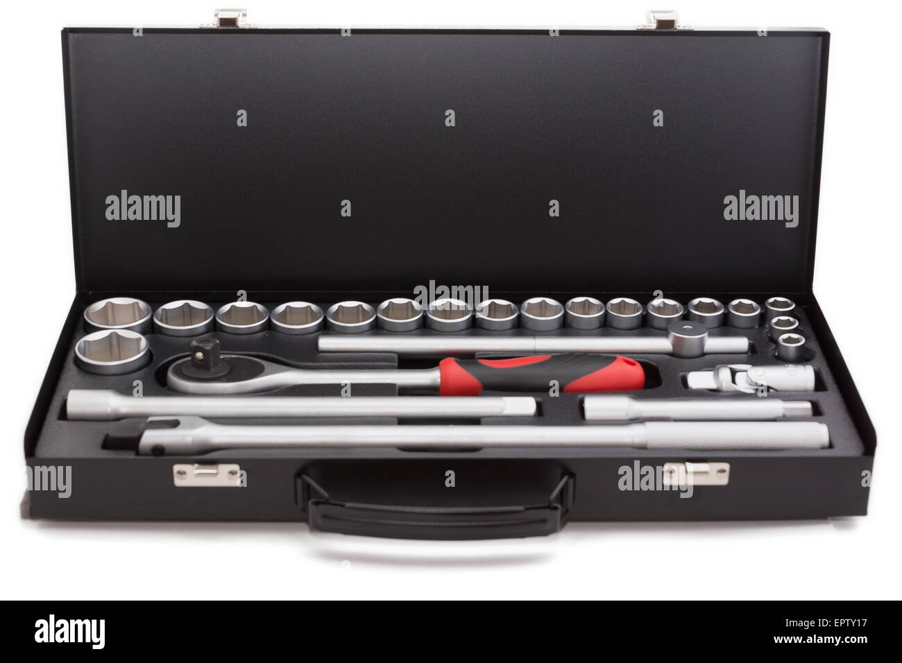 open black box with automobile tools isolated on a white background Stock Photo