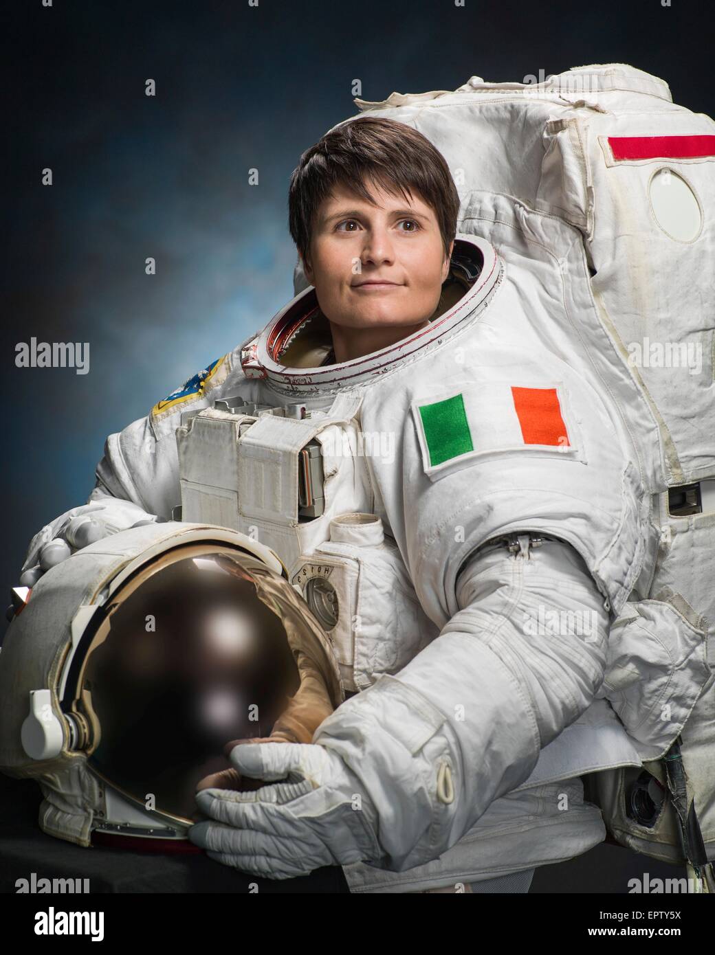 Astronaut Samantha Cristoforetti of the European Space Agency official portrait in an Extravehicular Mobility Unit spacesuit at the Johnson Space Center August 21, 2013 in Houston, Texas. Stock Photo