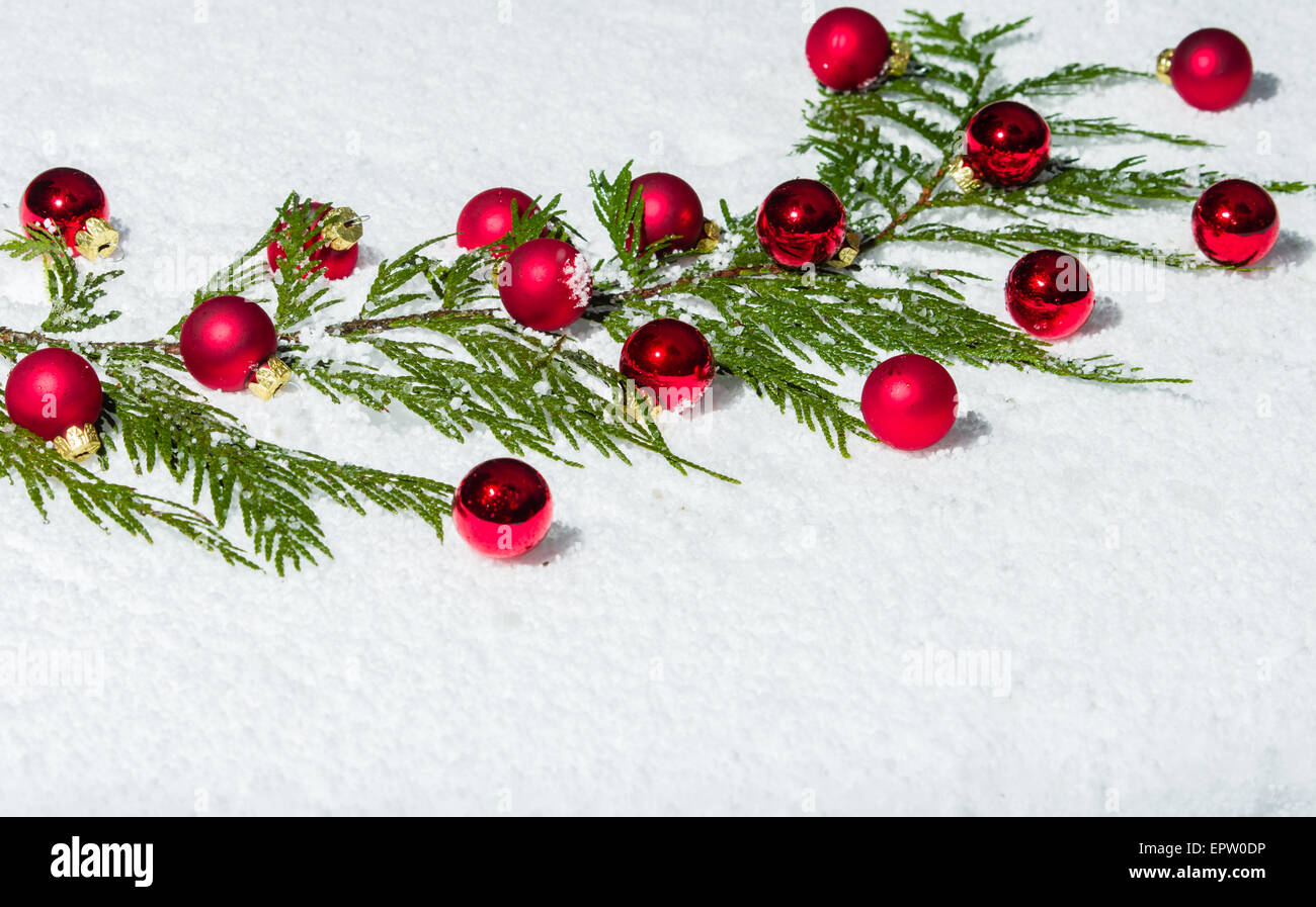 Evergreen bough in the snow with red Christmas ornaments Stock Photo