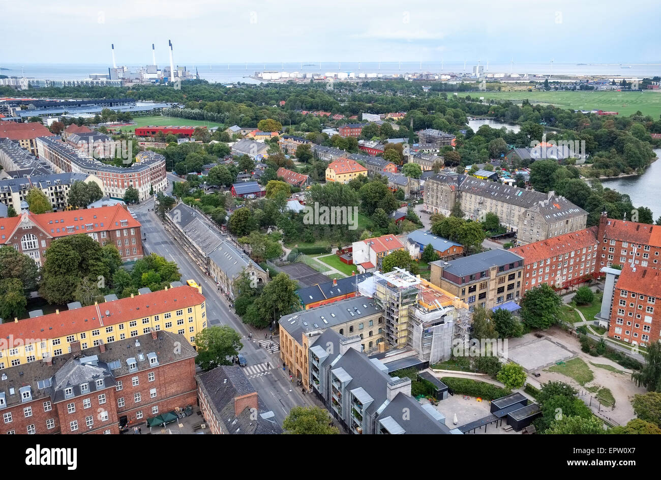 The bird's eye view from the Church of Our Saviour to Christiania (Danish: Fristaden Christiania), Copenhagen, Denmark. Stock Photo