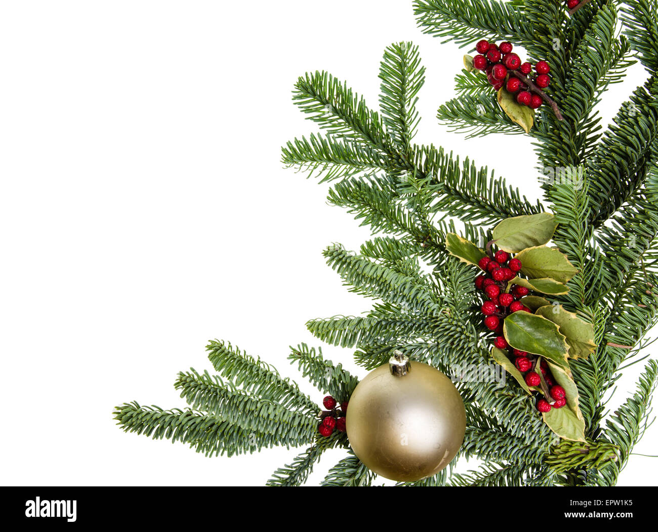 A corner border of noble fir boughs with gold ball Stock Photo - Alamy