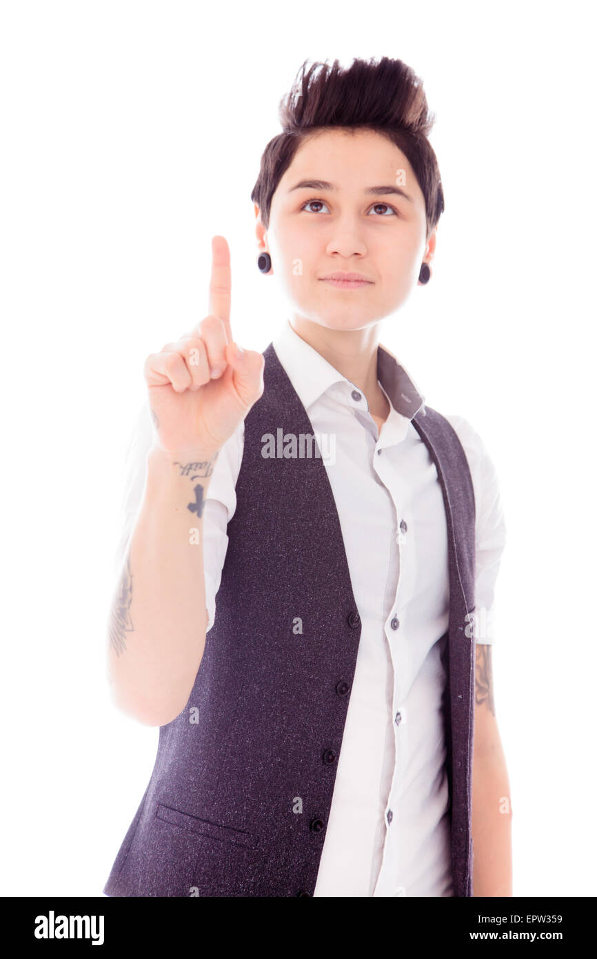Young woman pointing upward Stock Photo