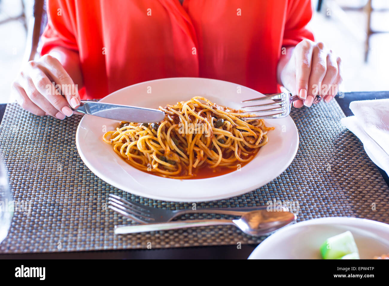 Spaghetti a la Bolognese in the white plate Stock Photo - Alamy