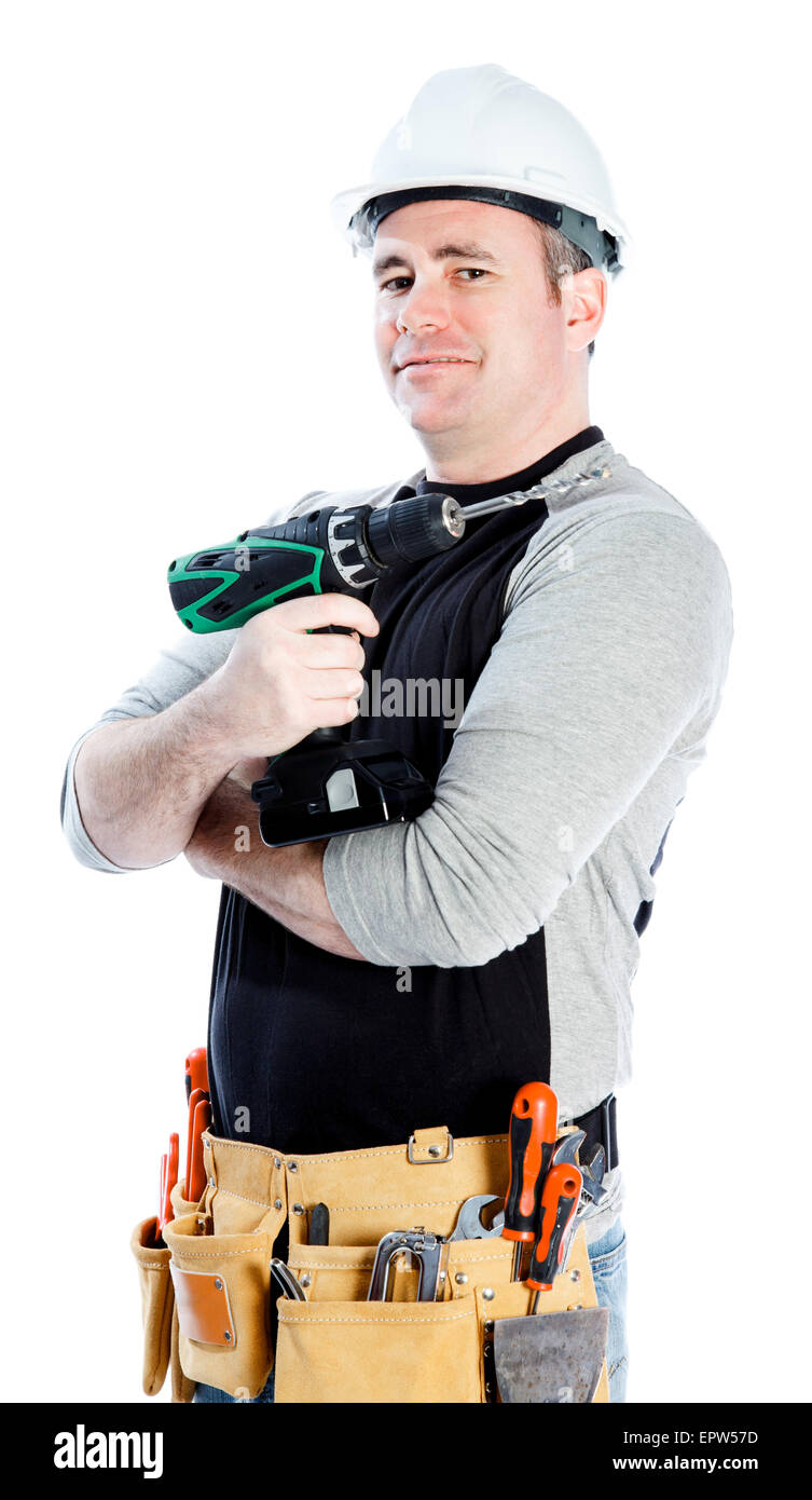 Caucasian contractor male 40 years old shot in studio isolated on white background Stock Photo