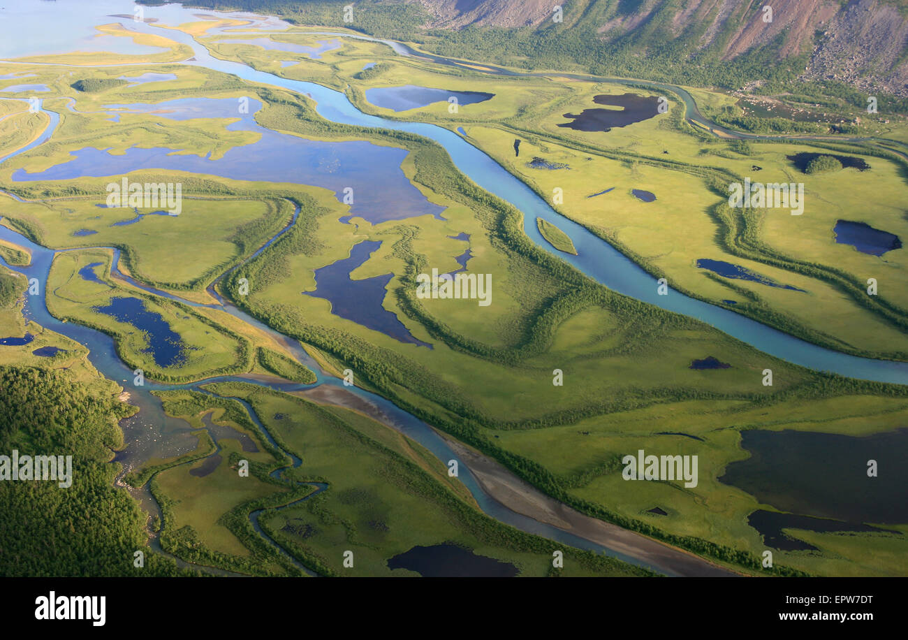 Green river delta in National Park Sarek viewed from a mountaintop (Skierffe) Stock Photo