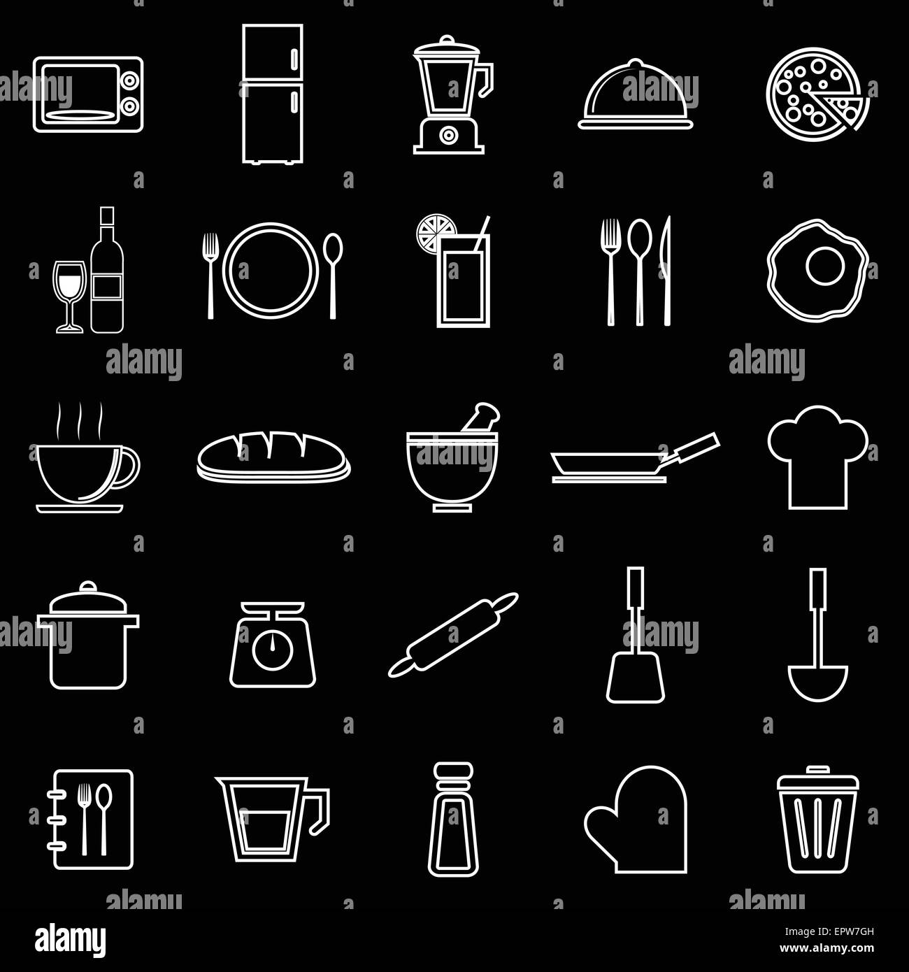 Kitchen line icons on black background, stock vector Stock Vector Image ...
