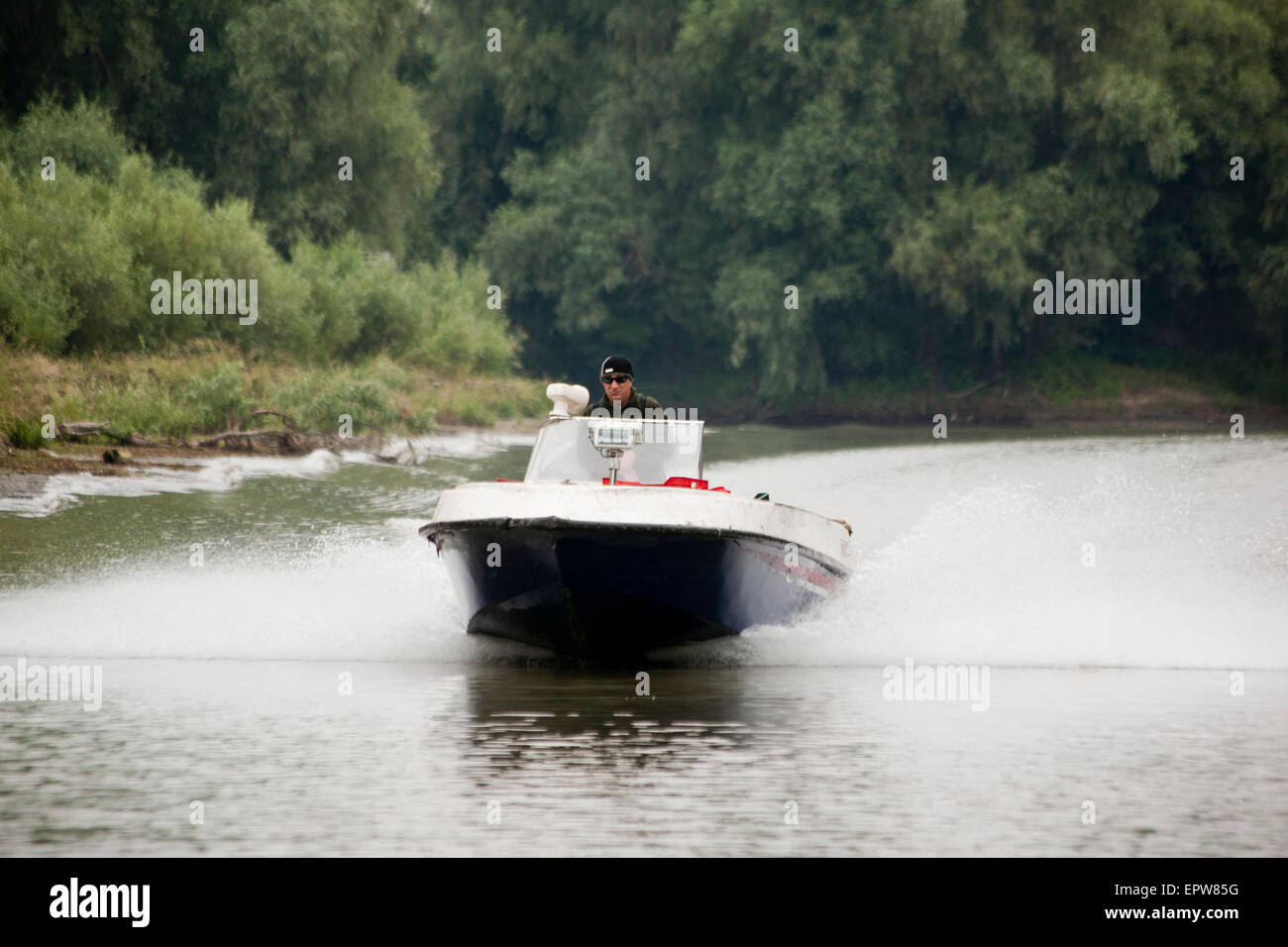 A motorboat in the delta of the Danube in Romania Stock Photo
