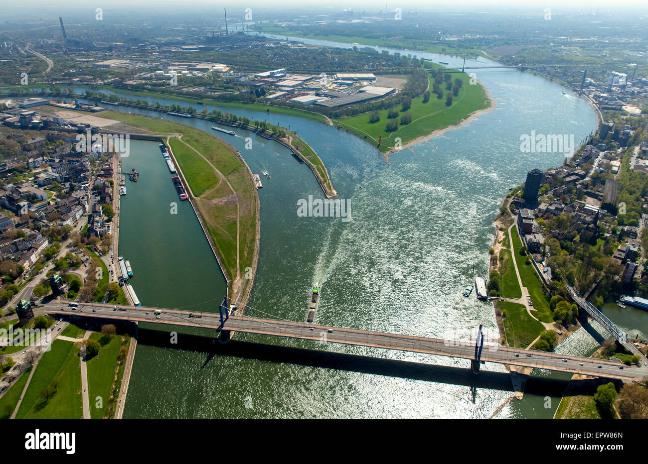 Rhine river mouth and Homberger Rheinbrücke bridge, Duisburg, Ruhr district, North Rhine-Westphalia, Germany Stock Photo
