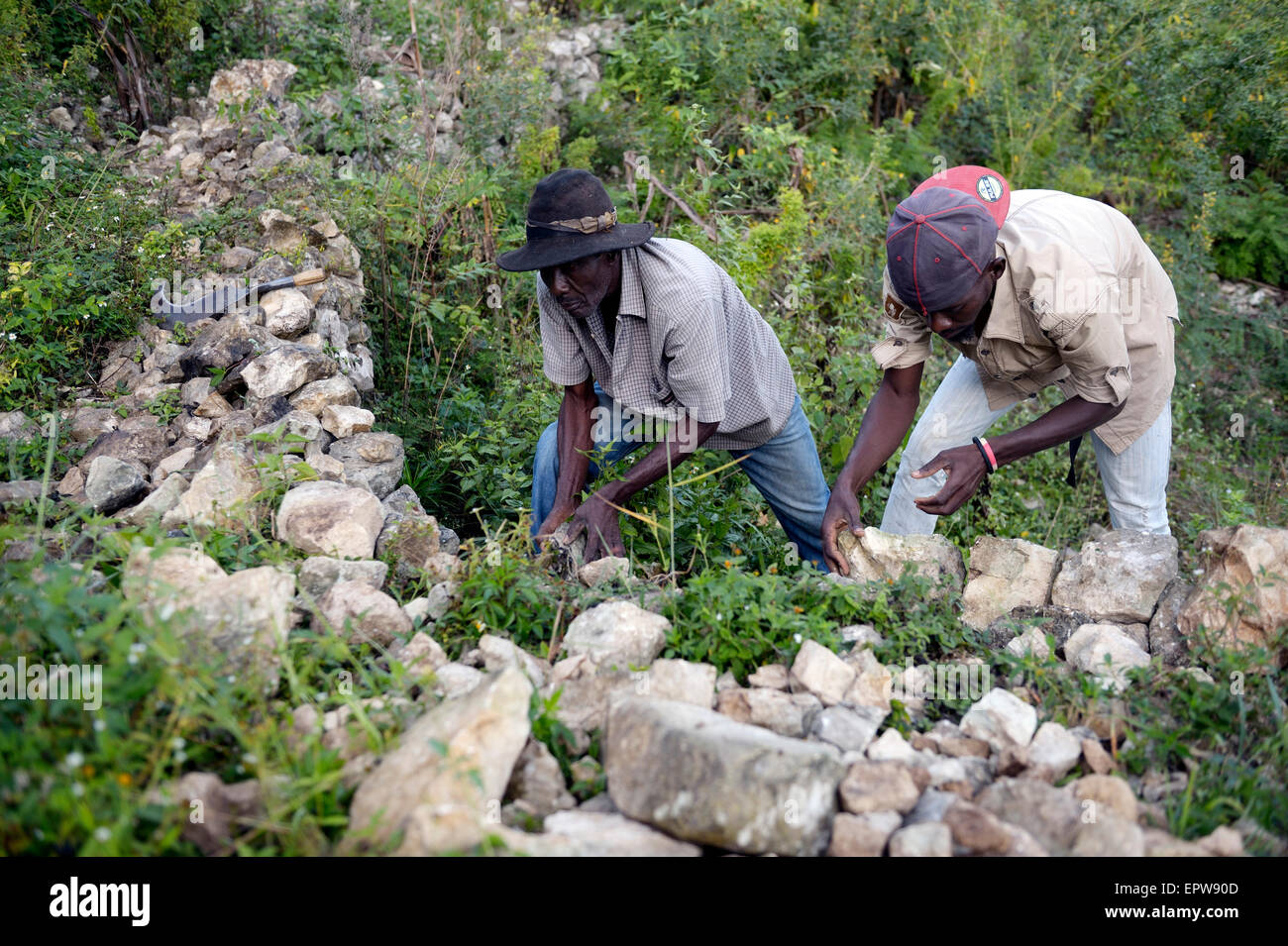 Men building walls with boulders to prevent erosion on deforested slopes, Riviere Froide, Ouest Department, Haiti Stock Photo