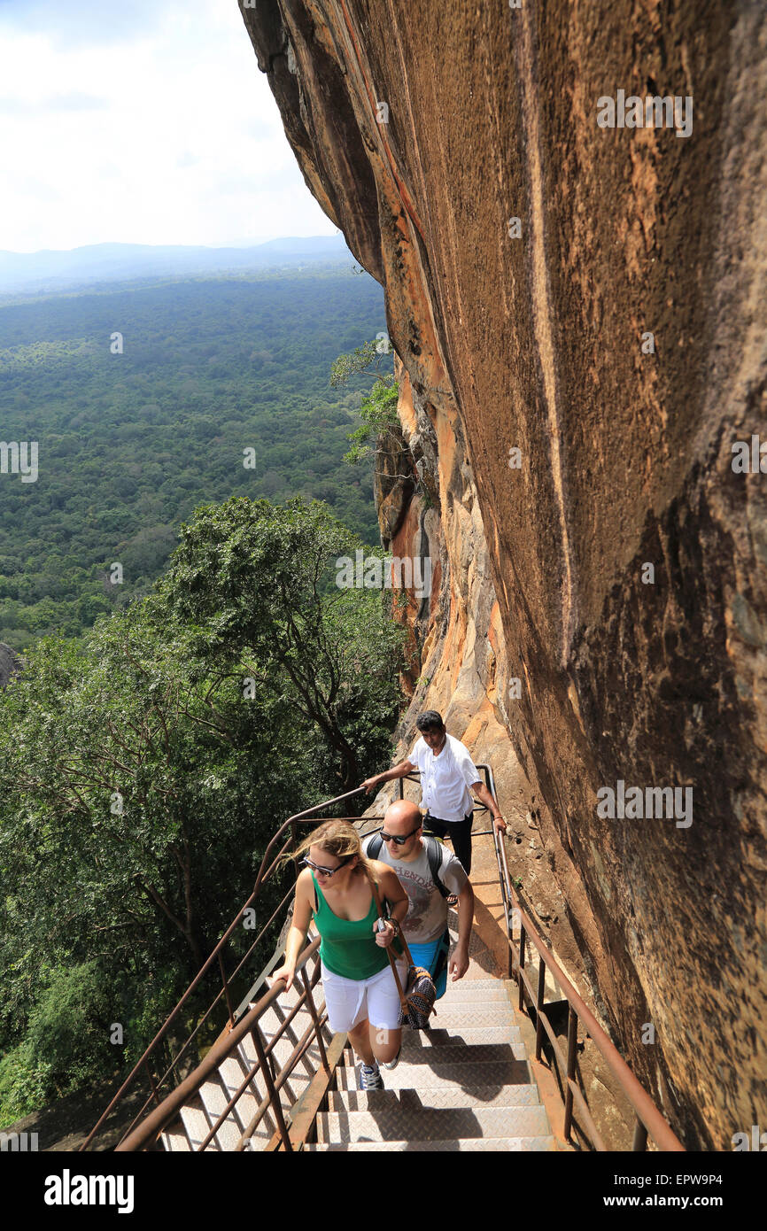 Metal staircase ascending from rock palace fortress, Sigiriya, Central Province, Sri Lanka, Asia Stock Photo