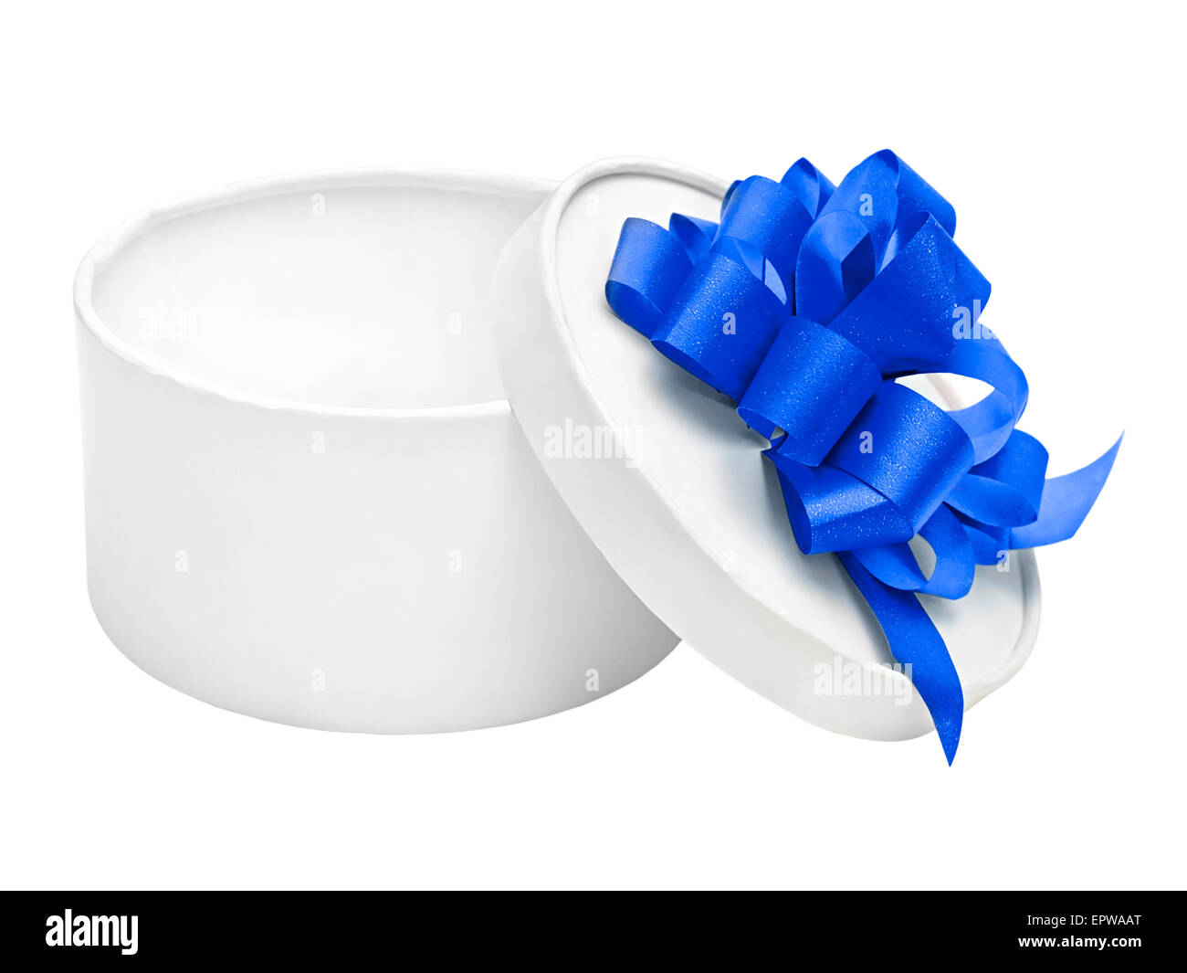 Gift packaging with blue ribbons and bow isolated on white Stock Photo