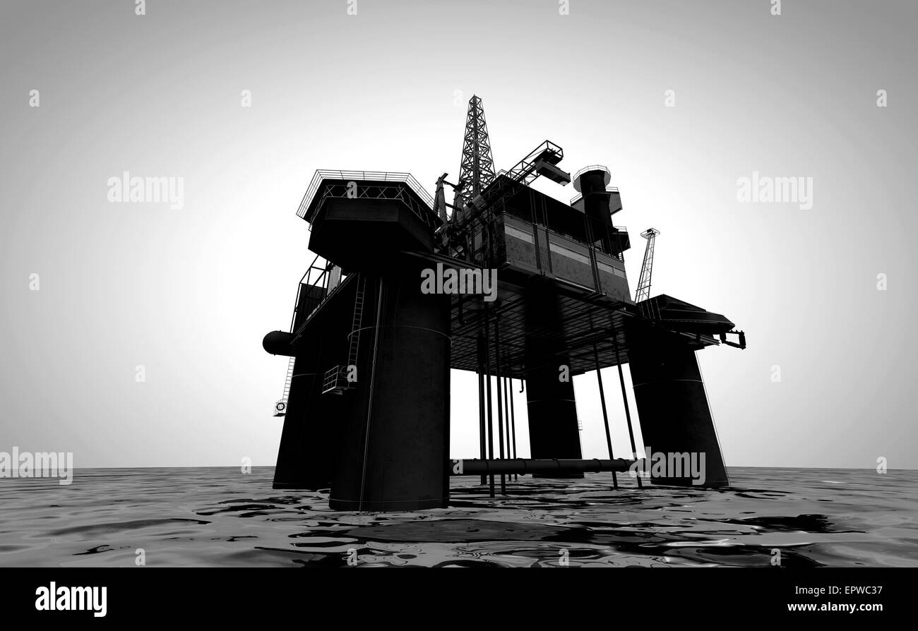 A regular view of an oil rig out at sea on an isolated light background Stock Photo