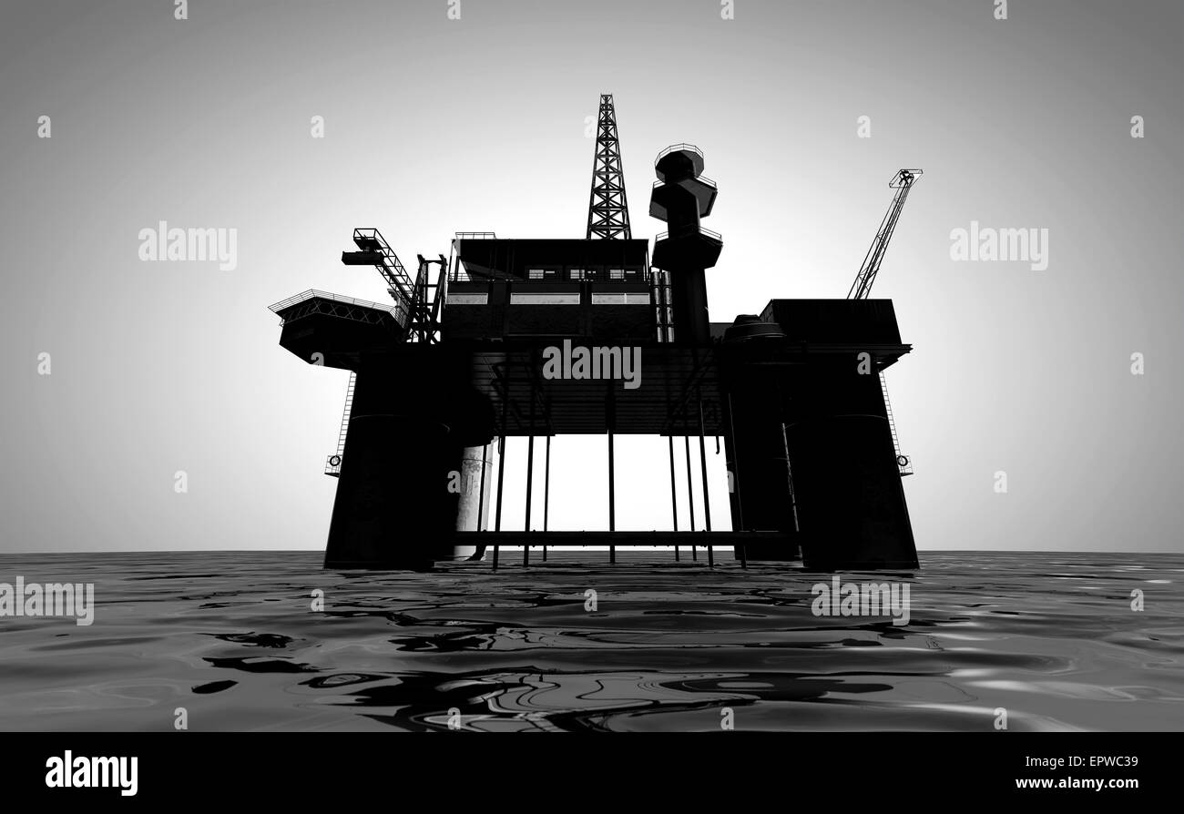 A regular view of an oil rig out at sea on an isolated light background ...