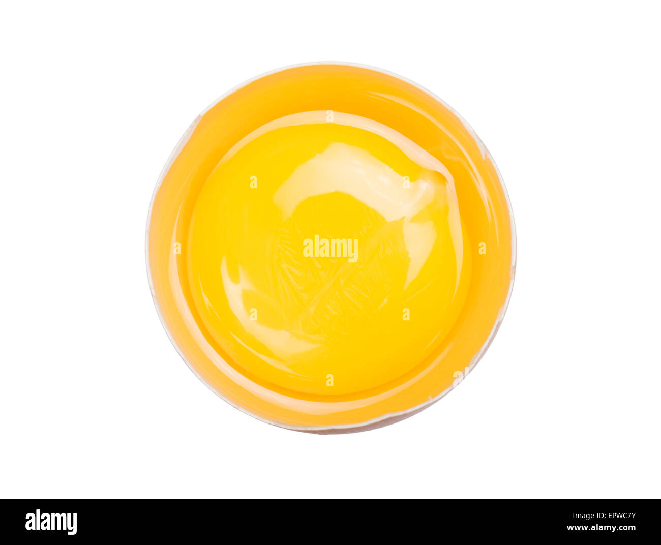 inside of egg with yolk visible,isolated on white background Stock