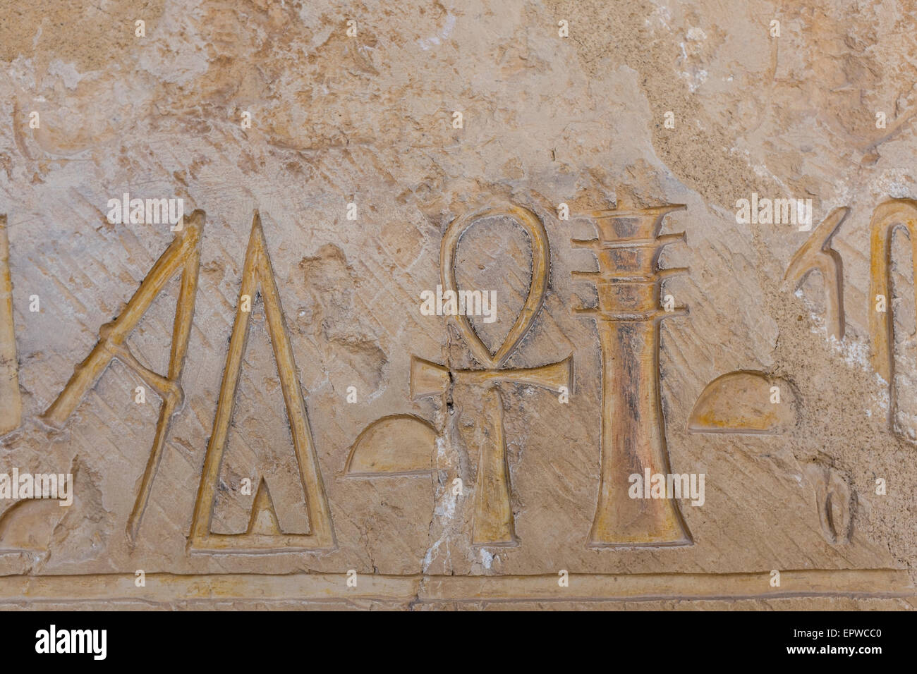 Heiroglyphics depicting the Ankh and Djed pillar, Queen Hatshepsut's temple, Deir el-Bahri, West bank of the Nile, Luxor, Egypt Stock Photo