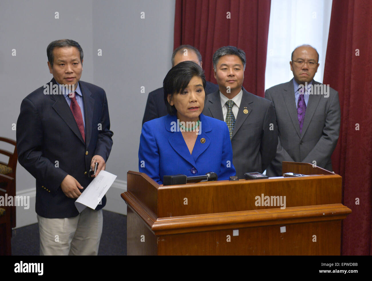 Washington, DC, USA. 21st May, 2015. U.S. congresswoman Judy Chu speaks at a press conference on Capitol Hill in Washington, DC, the United States, on May 21, 2015. Twenty-two members of U.S. Congress on Thursday urged the country's Attorney General Loretta Lynch to review espionage-related charges brought against a Chinese-American hydrologist. © Yin Bogu/Xinhua/Alamy Live News Stock Photo