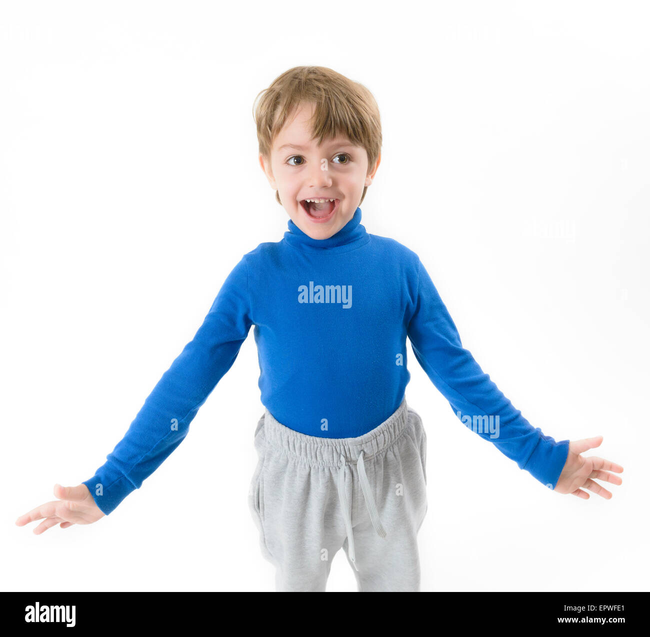 Funny Boy Shouting with open arms isolated on white Stock Photo