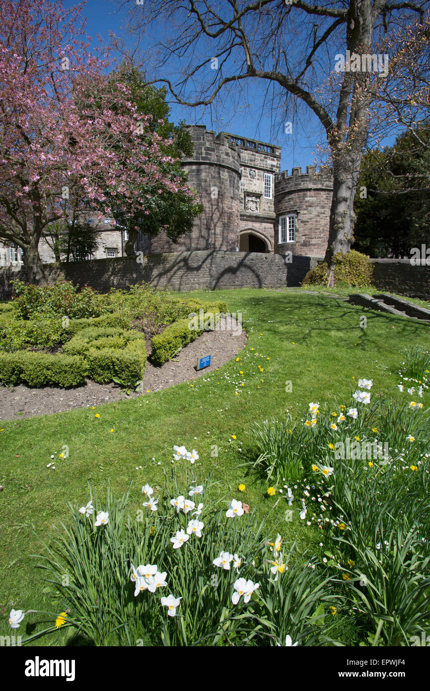 Town of Skipton, England. Picturesque spring view of the twin towered Norman gatehouse of