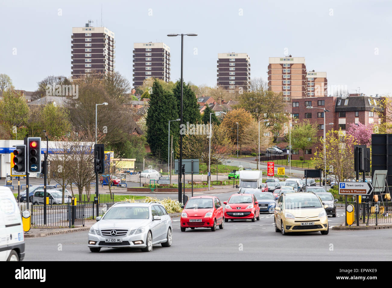 Traffic on the A4148 road, Broadway North, Walsall, with residential tower blocks in the distance. West Midlands, England, UK Stock Photo
