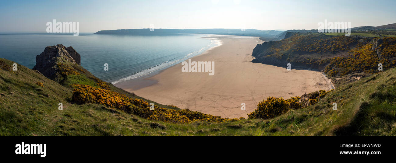 Panorama from the cliff top of Nicholaston Beach, Oxwich Bay, Gower, Wales Stock Photo