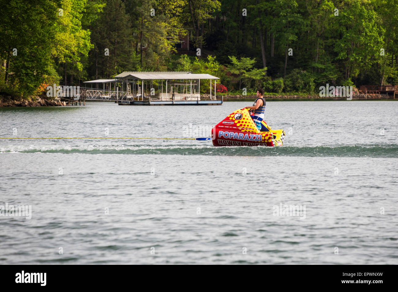 Inflatable water ski, South Cove, Lake Keowee, Seneca, Oconee County, South Carolina, USA. Stock Photo