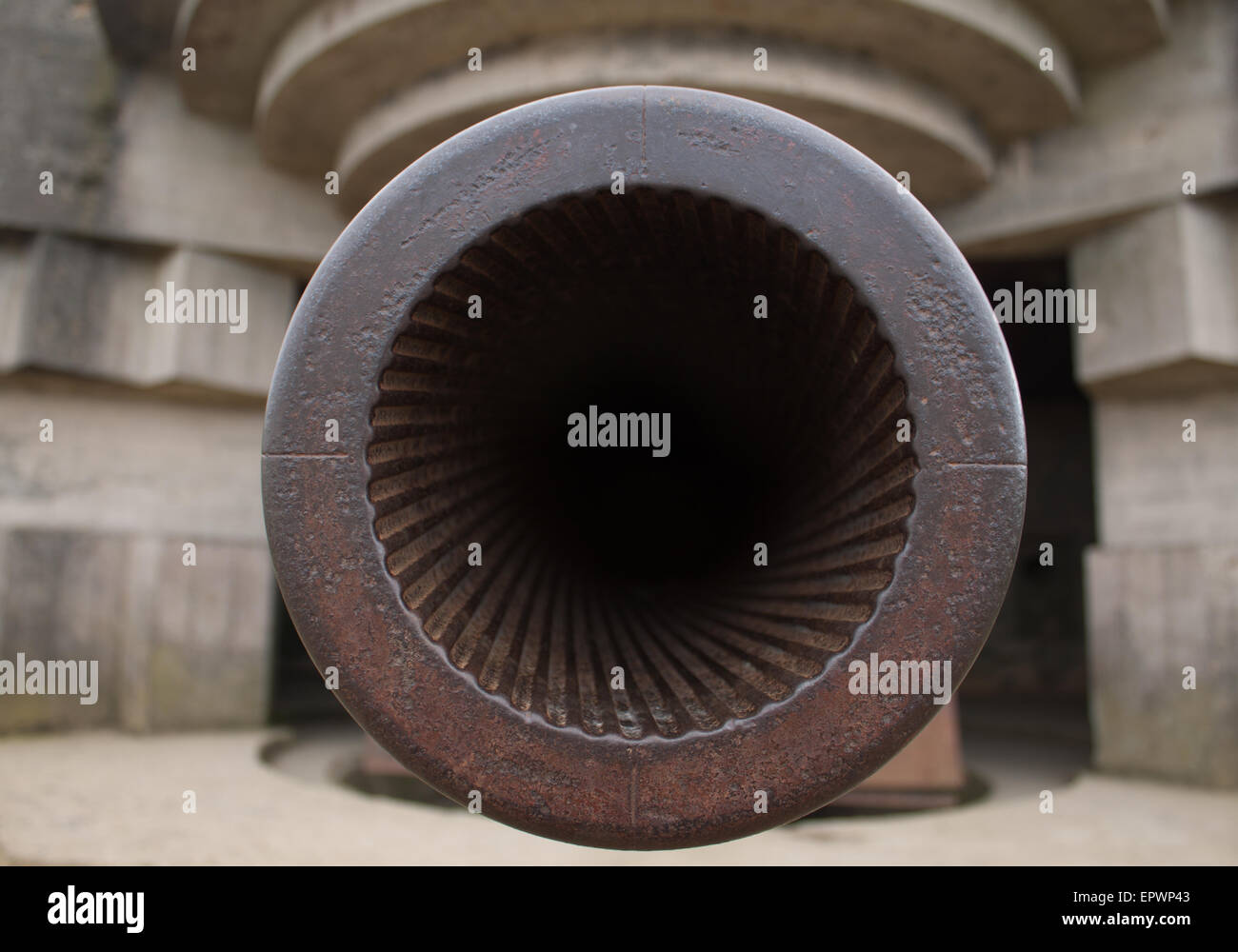 Gun barrel and rifling of a cannon overlooking Omaha Beach in Normandy (Normandie) in France Stock Photo