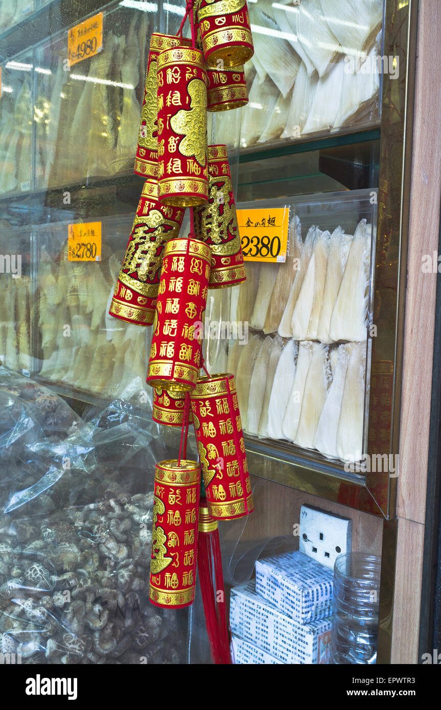 dh Ko Shing Street SHEUNG WAN HONG KONG Chinese decorations and shark fins display china decoration fin medicine shop Stock Photo