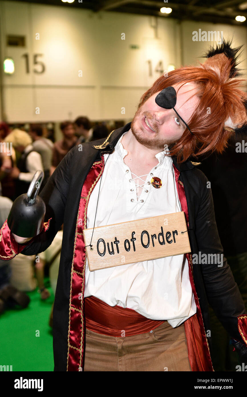 Excel Centre, London, UK. 22nd May, 2015.  Ryan from Enfield attends the opening day of the MCM London Comic Con dressed as a character from Foxy Five Nights at Freddie.  The convention is one of Europe’s largest multi-genre fan conventions.  Held in London twice yearly it is a magnet for cosplay and sci-fi fans from all over the UK.  Credit:  Gordon Scammell/Alamy Live News Stock Photo