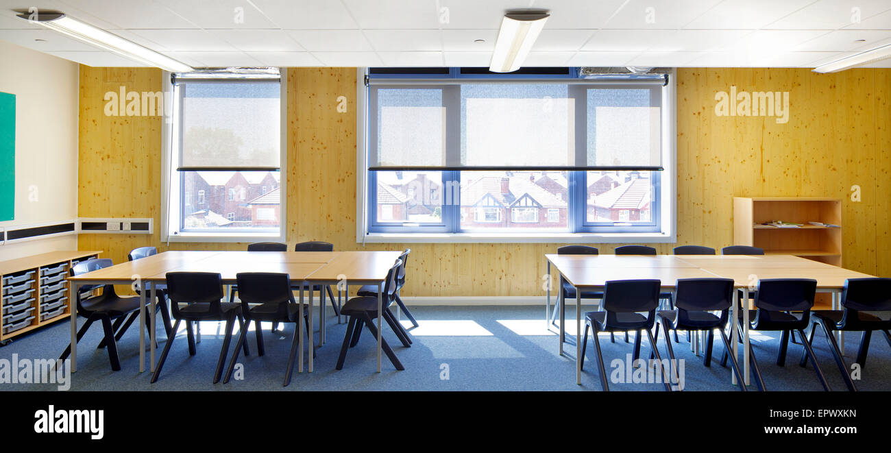 Classroom in extension to St Agnes Primary School in Manchester designed to complement the existing school construction of Eurban timber frame. Stock Photo