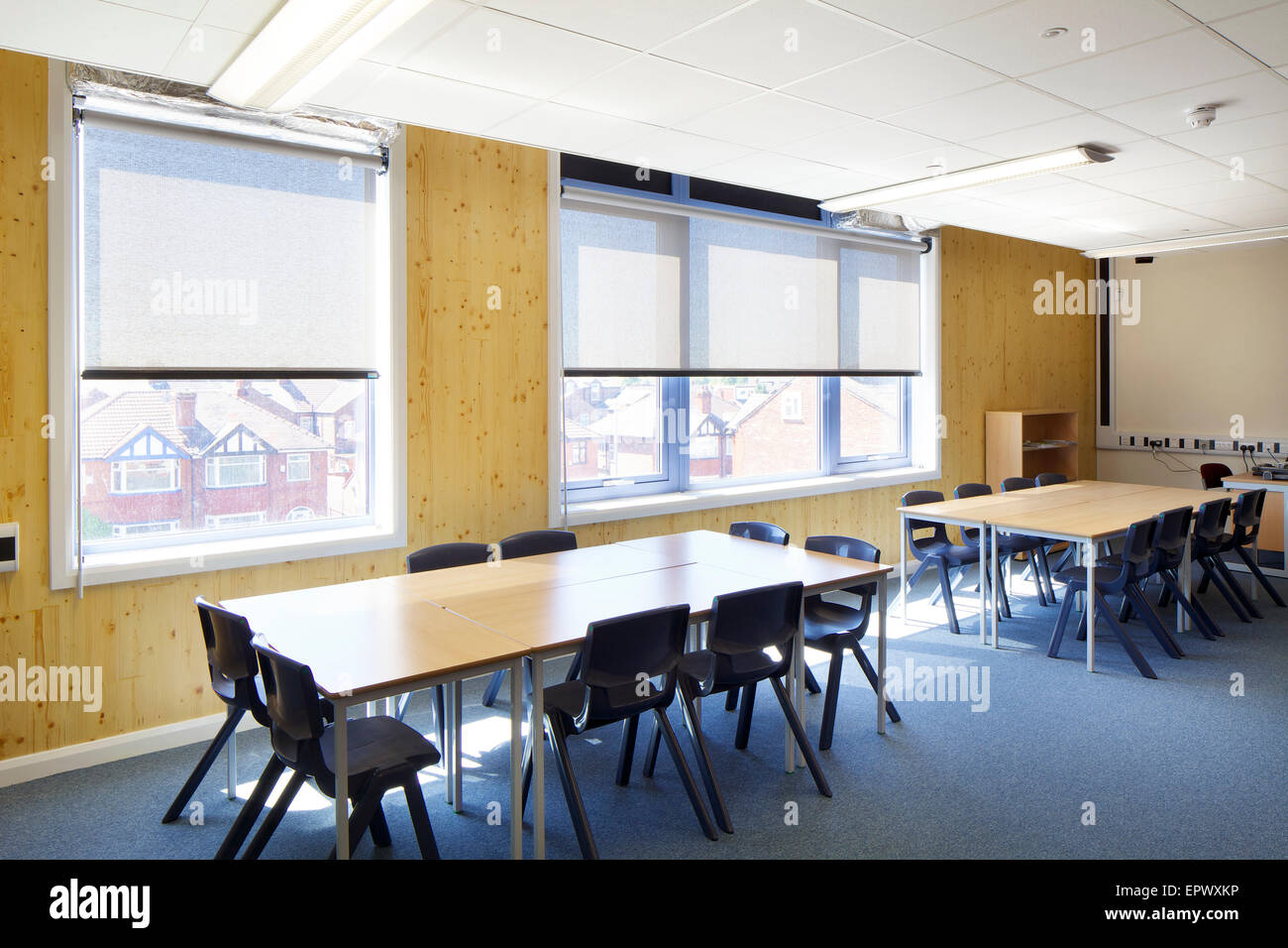 Classroom in extension to St Agnes Primary School in Manchester designed to complement the existing school construction of Eurban timber frame. Stock Photo