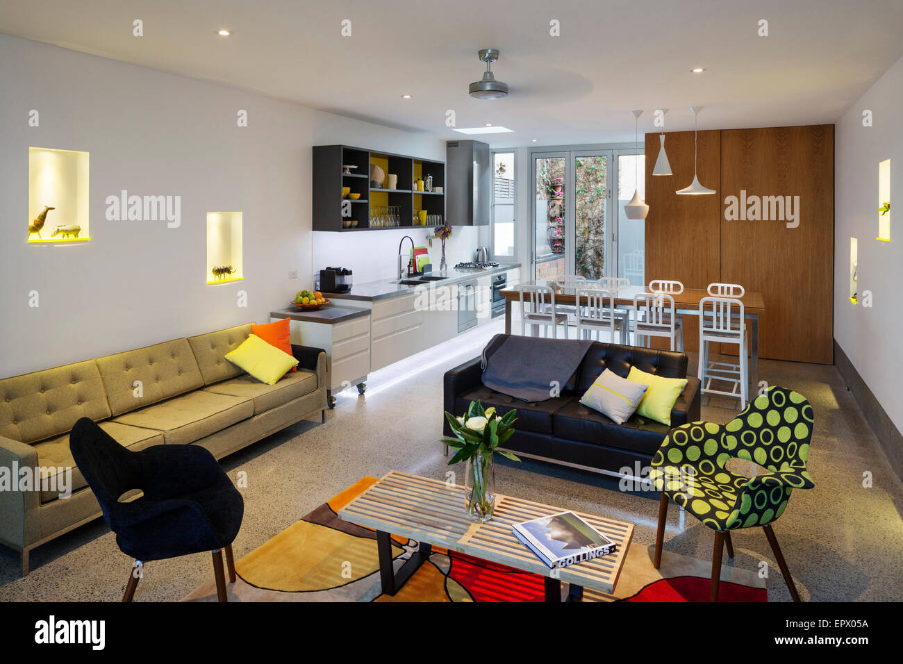 Open plan apartment interior of Burford House, Malmsbury Street, Hawthorn, Melbourne, Australia Stock Photo