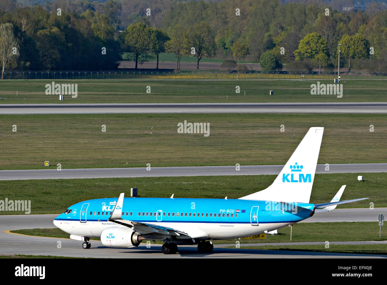 KLM Boeing 737-700 passenger aircraft taxiing at, Franz Josef Strauss International Airport, Munich, Upper Bavaria, Germany. Stock Photo